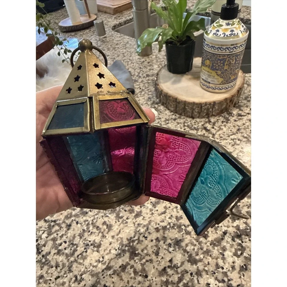 Lantern Candle Holder - Multicolor Color Glass, Metal UNSIGNED Witchy Incense - Picture 4 of 5